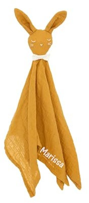 CreaDesign, Hase Schmusetuch Baby personalisiert mit Name, Musselin Schnuffeltuch Baby 46,5 × 50 cm, Farbe braun