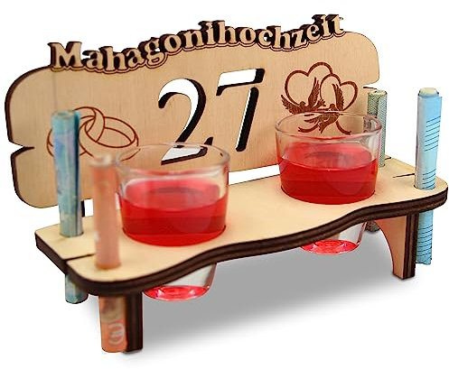 Urhome Hochzeit Schnapsbank aus Holz und 2 Schnapsgläser - 27. Hochzeitstag zur Mahagonihochzeit - Hochzeitsbank mit Gläser zum Jubiläum Jahrestag - Hochzeitsgeschenk für Brautpaar