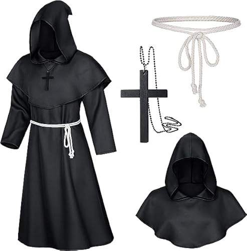 songyea Robe Mönch Kostüm Herren mit Kapuze und Kreuz,Mönch Priester Kostüm Gewand,Mittelalter Renaissance Robe,Herren Cosplay Mönchskostüm,Halloween Kostüm Herren für Mottoparty,Halloween