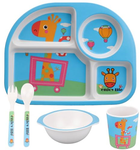 Piashow Sturzfest Kindergeschirr Set, 5er Baby Menü Tablett Geschirr-Set mit Schüssel, Teller, Tasse, Löffel, Gabel für Kinder ab 6 Monaten, Spülmaschinenfest(Blau Giraffe)