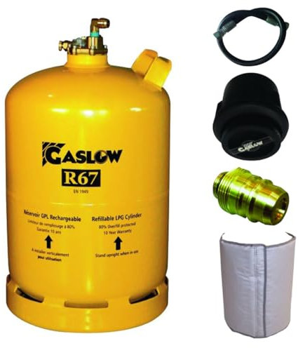 Gaslow Pack Bouteille GPL Rechargeable 11kg + Lyre + Boîte Transfert Noir + Adaptateur Espagne/Allemagne + Couverture Isolante