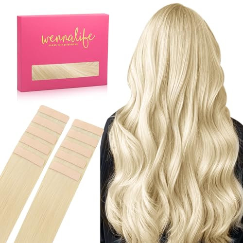 WENNALIFE Tape Extensions Echthaar, 50cm 30g 10 Stück Invisible Tape in Extensions Echthaar, Echthaar Extensions Tape, Haarverlängerung Echthaar, Remy Gerade Haarextension Echthaar #60A Platinblond