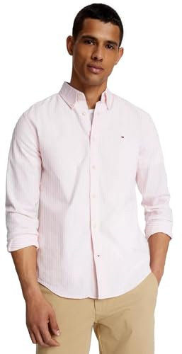 TOMMY HILFIGER Chemise boutonnée décontractée à manches longues pour homme - Coupe droite - Collection 2025, Rayé rose/blanc, Taille XL