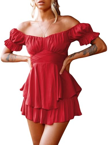 Springcmy Women Puff Sleeve Square Neck Romper Dress Off Shoulder Ruffle Shorts Smocked Layered Flowy Jumpsuit Beach Swing Dress (A-Red, S)