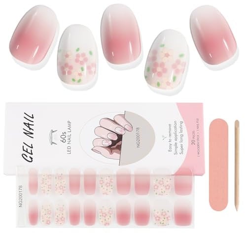 EBANKU 20PCS Pink Flower Gel Nail Stickers - Long Lasting Gel Strips with Nail File & Wooden Stick for Women's Manicure