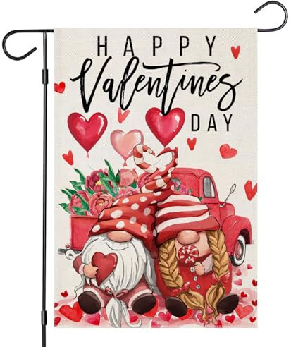 Happy Valentines Day Gartenflaggen für Außendekoration, geliebte Zwerge mit LKW-Rosen, kleine Hofflagge, Jahrestag, Hochzeit, saisonale Bauernhaus, Urlaub, Outdoor-Dekoration, 30,5 x 45,7 cm,