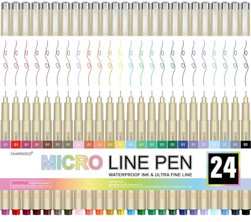 CHARSOCO 01 Mikro-Stift, feine Spitze mit 24 Farben, wasserfeste Archivtinte, 0,25 mm Fineliner-Tintenstifte für Künstler, Illustrationen, Skizzieren, Anime, Manga, technisches Zeichnen und