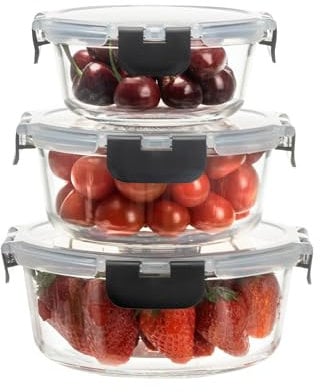 HOUSZY Stackable Glass Containers with Snap-Locking Lids-Set of 3 | Microwave, Oven, Freezer & Dishwasher-Safe | Airtight Serving Bowls in Various Sizes