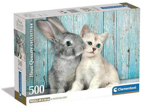 Clementoni Jigsaw Puzzle Collection - Cat And Bunny 500 Pieces - Poster Included, Puzzle For Adults 14-99 Years, Gift For Men/Women, Animals, Made In Italy, 35539