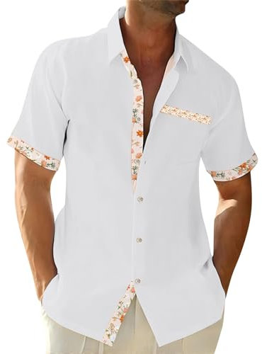 Men's Short-Sleeved Casual Linen Shirt - Hawaiian Style, White, XL XXL