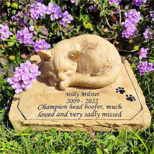JHB Pietre Commemorative Personalizzate per Gatti, lapide 3D con Statua di Gatto Addormentato, lapide per Gatti, marcatori di tombe per Gatti, Regali commemorativi per Gatti.