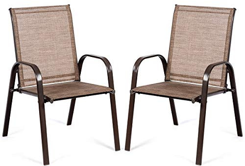 GOPLUS Gartenstühle 2er Set, Bistrostuhl mit Rückenlehne & Armlehne, Balkonstuhl aus Metall bis 200 kg belastbar, Essstuhl Outdoor für Garten Terrassen Balkon Pool (Braun)