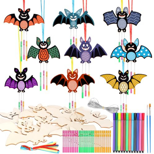 SRIZIAN 9 Kit Bricolage Carillon à Vent, Chauve-Souris d'Halloween en Bois à Peindre DIY Loisirs Créatifs Activites pour Enfants Décoration de Fête d'anniversaire