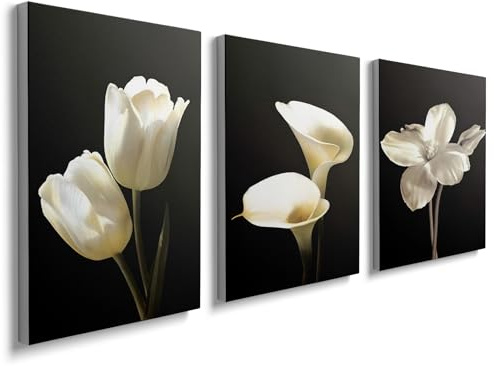 prinfantasy Wall Art 3 Panels Wooden Framed Black White Flowers Canvas Painting Prints Pictures for Living Room Bedroom Home Office Decoration 90x40cm (12x16x3pcs) YH1608