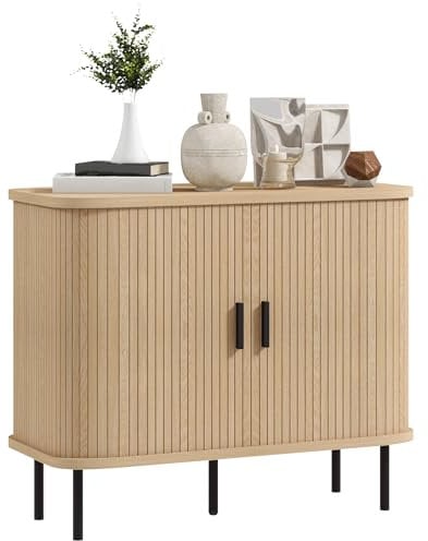 HOMCOM Aparador Vintage Aparador para Salón con 2 Puertas Correderas de Tambor y Compartimientos Aparador para Cocina Comedor 90x40x75 cm Roble