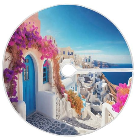 Tappeto Albero di Natale Mediterranean Town Gonna Albero di Natale Morbido Tappetino per Albero di Natale Decorazioni Copri Base Albero Natale per Natale Festa Home Decor L