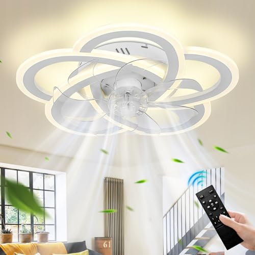 Ceiling Fan with Lights Remote Control, 6 Speeds 3 Light Color Low Profile Flush Mount Ceiling Fan for Kitchen Bedroom 74cm White