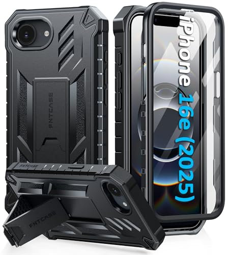 FNTCASE for iPhone 16e 2025 Case: for iPhone 16e Military Grade Drop Proof Protection Mobile Cover with Kickstand | Matte Textured Rugged Shockproof TPU | Protective Sturdy Phone Case - Black