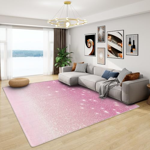 Glitzer Teppich Rosa - Teppich Wohnzimmer Schlafzimmer Glitzer Ombre, Großer Teppich Rosa Weiß, Weich Kurzflor & Waschbar & rutschfest Wohnzimmerteppich, Kinderteppich, Bettvorleger 160x230 cm
