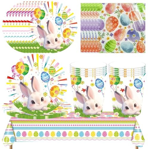 OULCLKH 51 pcs Easter Party Tableware, Easter Party Table Decorations, Easter Egg Printed Tableware - Plates Paper Cups Tissues Tablecloths Blue Bunny Theme Tableware