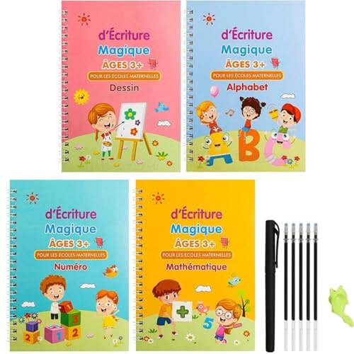 Cahier D'Écriture Arabe Magique Réutilisable, Effacement Gratuit, Rainure 3D, Apprentissage Des Nombres/Alphabet, Pratique Des Mathématiques, Livre Magique De Calligraphie Pour Enfants, 4 Livres,