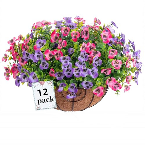 Siganorpy 12 Bundles Artificial Flowers Outdoors Pansy Plants Fake Flowers Decor Eucalyptus Artificial Grass Shrubs Bushes UV Resistant Plastic Flowers Fern for Garden Porch Home (Pink+Purple)