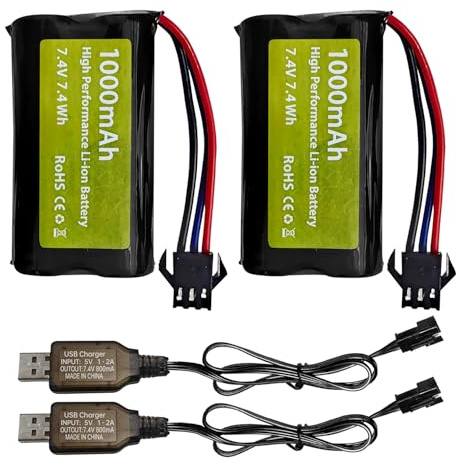 ZYGY 2PCS 7.4V 1000mah 2S Batterie Li-ION avec Prise SM-3P et 2PCS câble de Charge USB pour DE82 TK3086B G20601 RC Car TK-3082B Batterie pour Voiture de Cascade C60 Camion