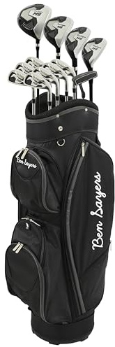 Ben Sayers M8 13-teiliges Golf-Paket-Set, komplettes Herren-Set, volle 12 Schläger aus Graphit/Stahl, mit Cart-Tasche, Driver, Holz, Hybrids, Eisen, Wedges und Putter (rechte Hand, Schwarz/Grau)