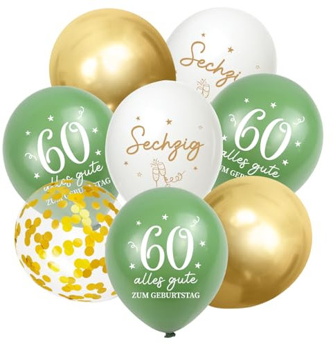 Luftballons 60 Jahre Geburtstag, 30 Stück Deko 60. Geburtstags Mann Frauen, 60. Alles Gute zum Geburtstag Ballons, 60. Salbeigrüne Gold Geburtstagsdeko, 60th Birthday Konfetti Ballon Party Deko