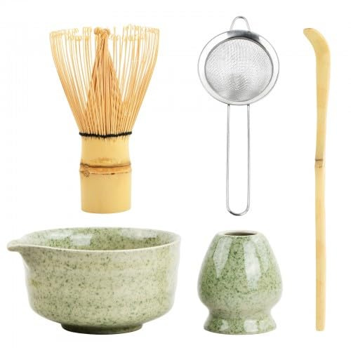 5 Pzs Matcha Set Te Matcha Kit Juego Completo de Ceremonia Matcha Japonés con Batidor Bambu Té Matcha Porta Batidor Cuenco de Matcha de Cerámica Cuchara de Té para Matcha Tradicional (Verde profundo)