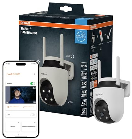 Osram SMART+ WiFi Außenkamera 360° 4MP 2K IP65, Schwenk-Neige, Nachtsicht 10m, Alexa kompatibel, Outdoor, Weiß