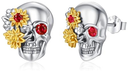 OHAYOO Totenkopf Ohrringe 925 Sterling Silber Blumen Ohrstecker Gelb Totenkopf Schmuck für Damen Mädchen