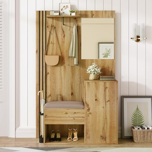Merax Garderobenset 115 x 185 x 37 cm, Kompaktgarderobe mit Spiegel und Sitzkissen, Flurgarderobe mit Schuhschrank und Regal, Schwarze Zierleisten, Schirmablage, modern für Flur und Diele, Holzfarbe
