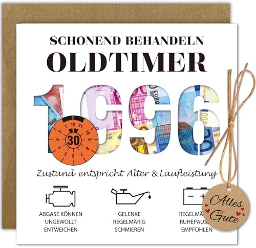 WenmthG Geldgeschenke Geburtstag 30 mit Umschlag, Karte 30 Geburtstag Mann - Lustig Geschenke zum 30 Geburtstag Mann - Schonend Behandeln 1996 Oldtimer