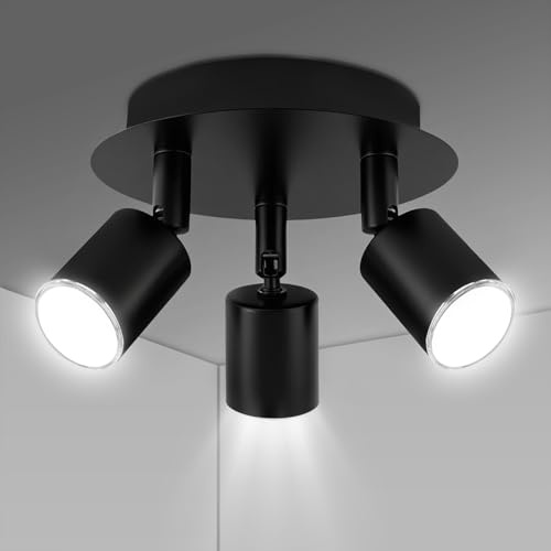 URAQT Ceiling Light Rotatable, 3 Way Black GU10 Spotlights, Adjustable LED Modern Kitchen Lights Ceiling, Round Indoor Spot Light Fittings for Bedroom Living Room Hallway, Bulb Not Included