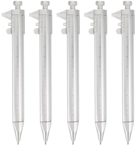 ELAYARD Lot de 5 Stylos à Bille Multifonction Type Pied à Coulisse 0-100 Mm en Plastique Argenté Encre Bleue, Règle de Mesure Portable pour Ingénieurs, Menuisiers et Étudiants