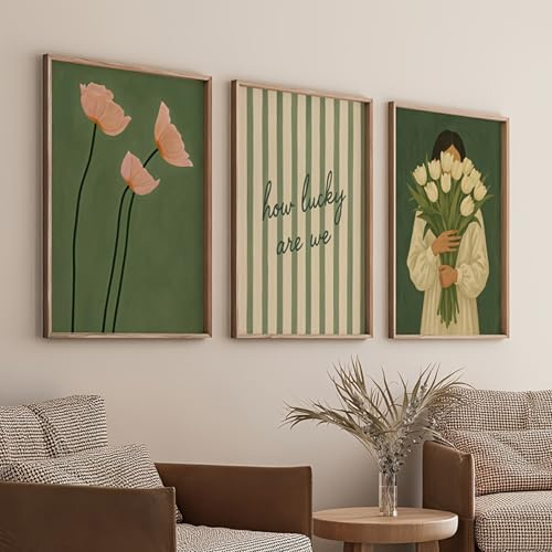 Xiyocadt 3er Poster Set,Retro-Grün Gestreift,Romantischen Liebeszitaten,Schlichtes Florales Boho-Design Bilde,für Wohnzimmer, Schlafzimme Badezimmer Wanddeko,Ohne Rahmen (30x40cm)