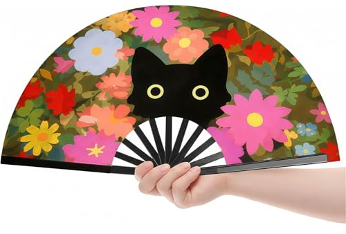 Vesavifaka Black Cat Silk Satin Fabric Hand Fans, Cute Fan, Hand Fan Folding, Folding Hand Fan Handheld Fan for Wedding, Gifts, Performance, Dancing, Home Decoration