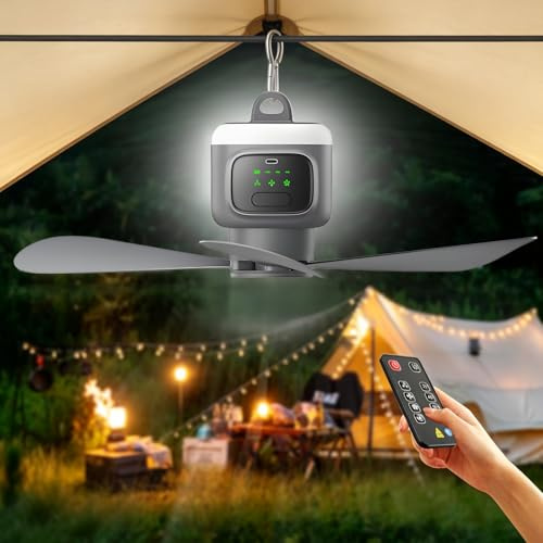 Rechargeable Portable Ceiling Fan with Light,12000mAh Battery Operated,Camping Ceiling Fan, Usb Mini Ceiling Fan, Ceiling Fans with Night Lights and Remote,Timer, for Tent Car Picnics Travel (Black)