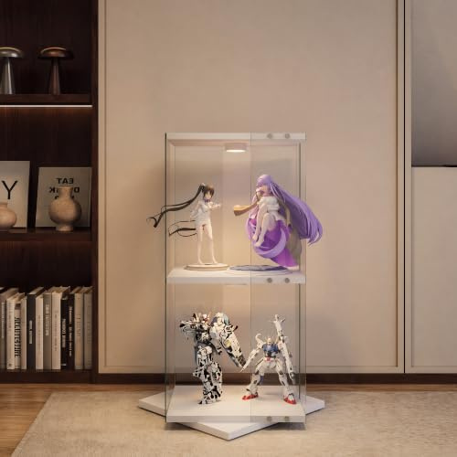 Stående glasvitrinskåp med LED-belysning, vit, vitrinskåp, modernt glas | Samlarvitrin glas LED 2 våningar stående vitrinskåp vardagsrum vitrin glas smalt glasskåp hörnvitrinskåp, glas, 360° vridbar