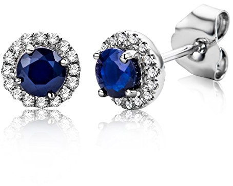 Miore Schmuck Damen 0.10 Ct Diamant Ohrstecker mit Edelstein Geburtsstein Saphir und 32 Diamanten Brillanten Ohrringe aus Weißgold 9 Karat / 375 Gold
