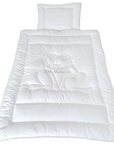 TM Maxx Baby Set Kinder Set Bettdecke U-Kissen Frosch Motiv Mikrofaser Farbe Weiß Decke Bettdecke 100x135 cm + U-Kissen 40x60 cm mit Öko-Tex Nachhaltiges Produkt