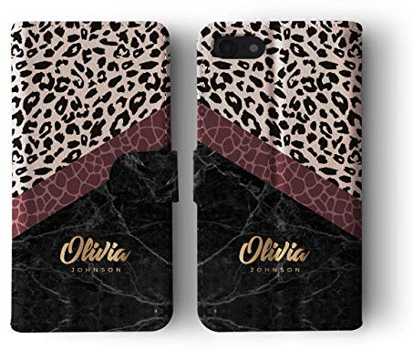 Tirita Personalised Initials Custom Wallet Leather Flip Phone Case Compatible with iPhone 7 Plus & 8 Plus PRINTED GLITTER, NOT REAL GLITTER Animal Print Leopard Cheetah Snake Tiger