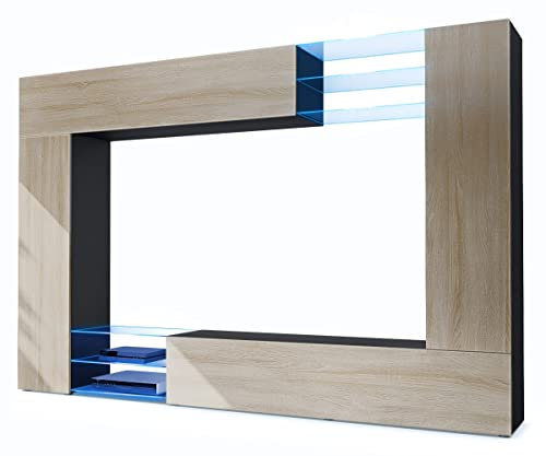 Vladon Wohnwand Mirage, Made in Germany, Anbauwand mit Rückwand mit 2 Türen, 2 Klappen und 6 offenen Glasablagen, Schwarz matt/Eiche Sägegrau, inkl. LED-Beleuchtung (262 x 183 x 39 cm)
