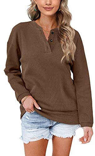 Aokosor Womens Sweatshirts Ladies Jumpers for Women UK Long Sleeve Tops Ladies Loose Sweatshirts with Buttons Plain Size 18-20 Brown