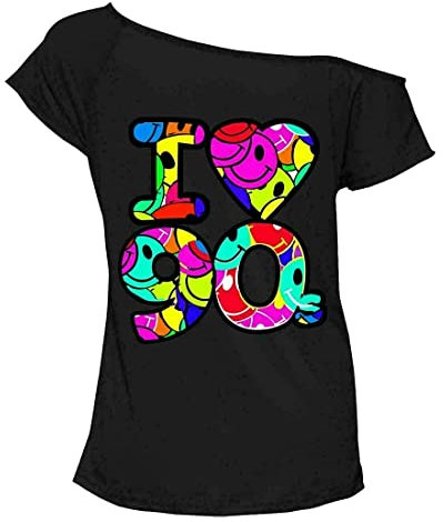 T-Shirt à Manches Courtes Pour Femme Avec Inscription « Multi Color I Love 90 », Noir, 44-46