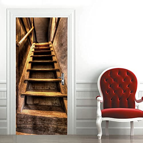 3D Türtapete Selbstklebend Türaufkleber - HÖLZERNE TREPPEN - Türfolie Poster PREMIUM PVC Wasserfest Wandtattoo Für Schlafzimmer Wohnzimmer Tür Dekoration Tapete 86 x 200 cm