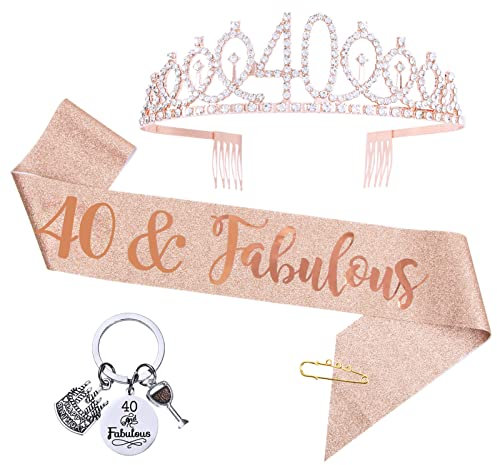 COLOFALLA 40th Birthday Sash and Tiara Crown for Women Rose Gold Glitter 40 and Fabulous Sash 40th Birthday Gifts for Women Birthday Decorations to Wear