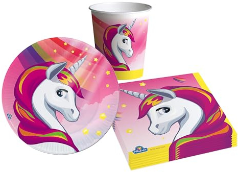 Partygeschirr Party-Set Einhorn Unicorn für 24 Personen (88 pcs: 24 Pappteller Ø18cm, 24 Becher 250ml, 40 Servietten 33x33cm) aus eco-friendly kompostierbarem Papier