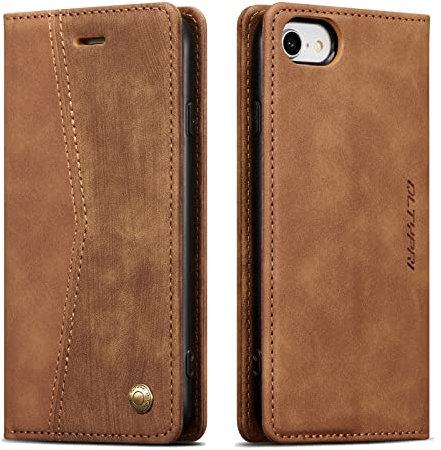 QLTYPRI Vintage Folio PU Leather Case for iPhone SE 2022, 8, 7 with Card Slots, Magnetic Closure, Kickstand, Flip, Crashproof Cover - Brown
